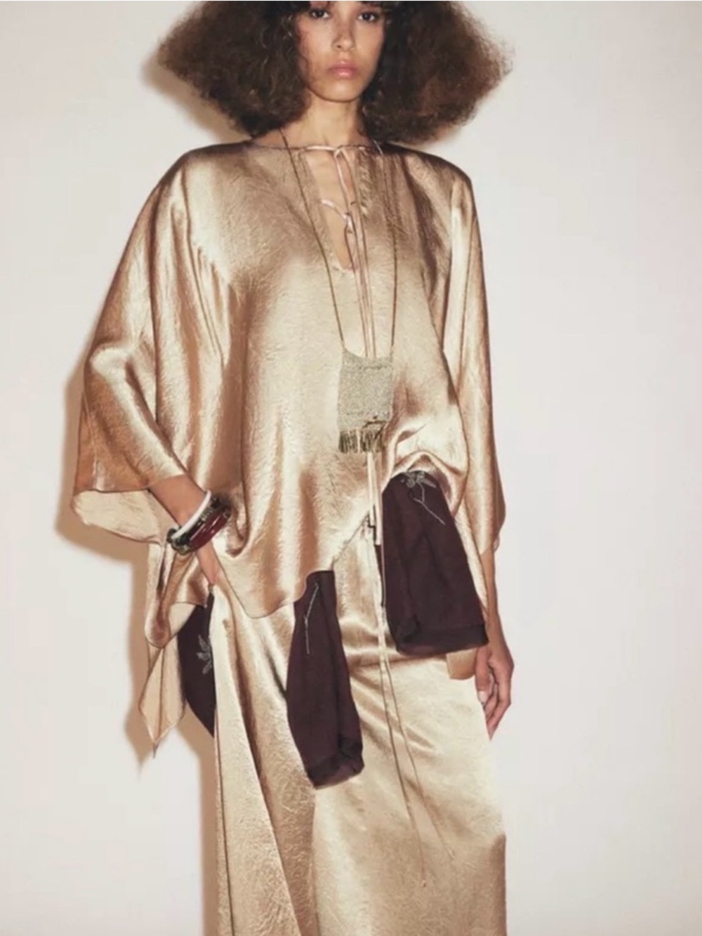 Zara Metallic Gold Satin Kaftan Top and Skirt Set